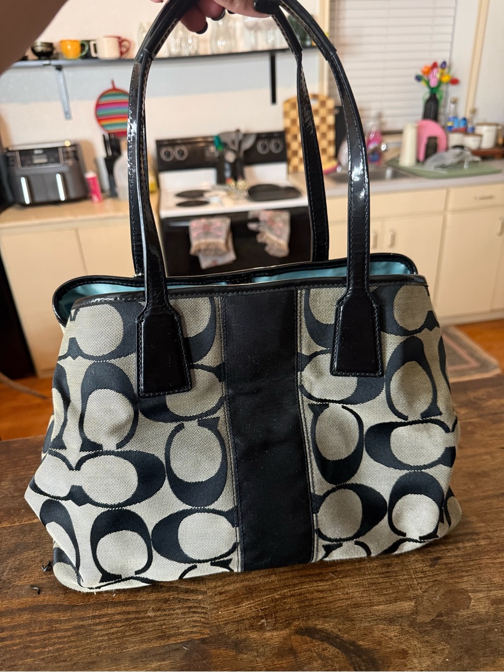 Coach Black and Cream Signature Canvas Shoulder Bag